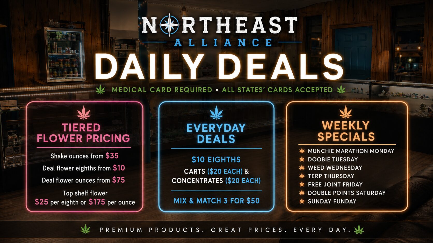 Northeast Alliance Dispensary daily deals in Limerick Maine