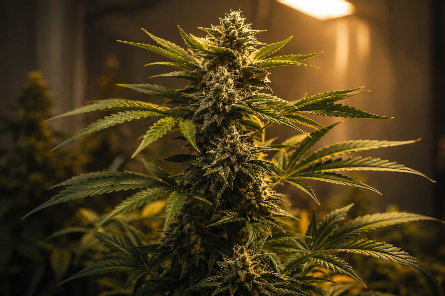 Cannabis flower growing outdoors in warm sunlight