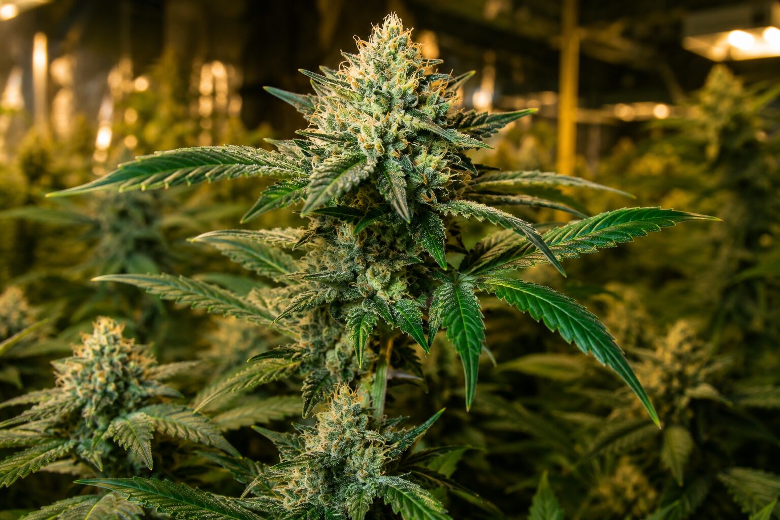 Healthy cannabis flower growing under warm light